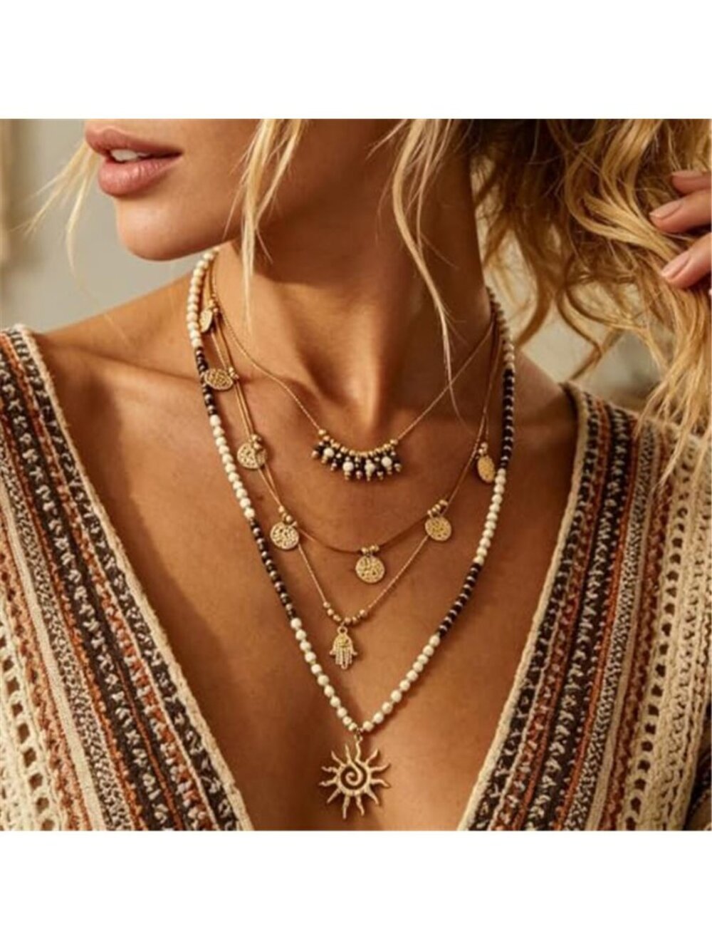 Boho Layered Beaded Necklace Sun Pendant Tassel Long Statement Jewelry - Picture 7 of 8